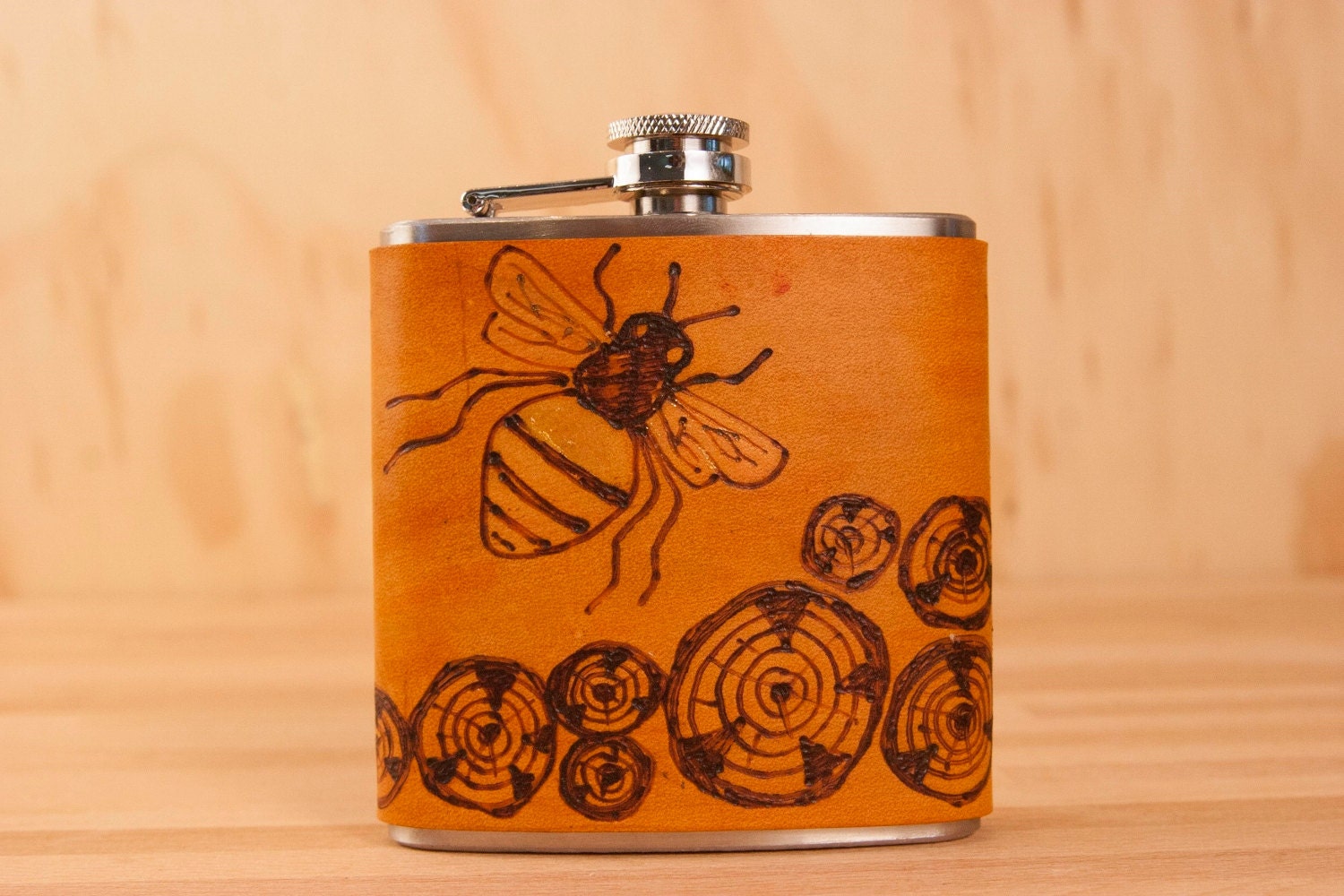 Worker Bee Flask - Leather and Stainless Steel - Wood rounds and bee in gold and antique tan