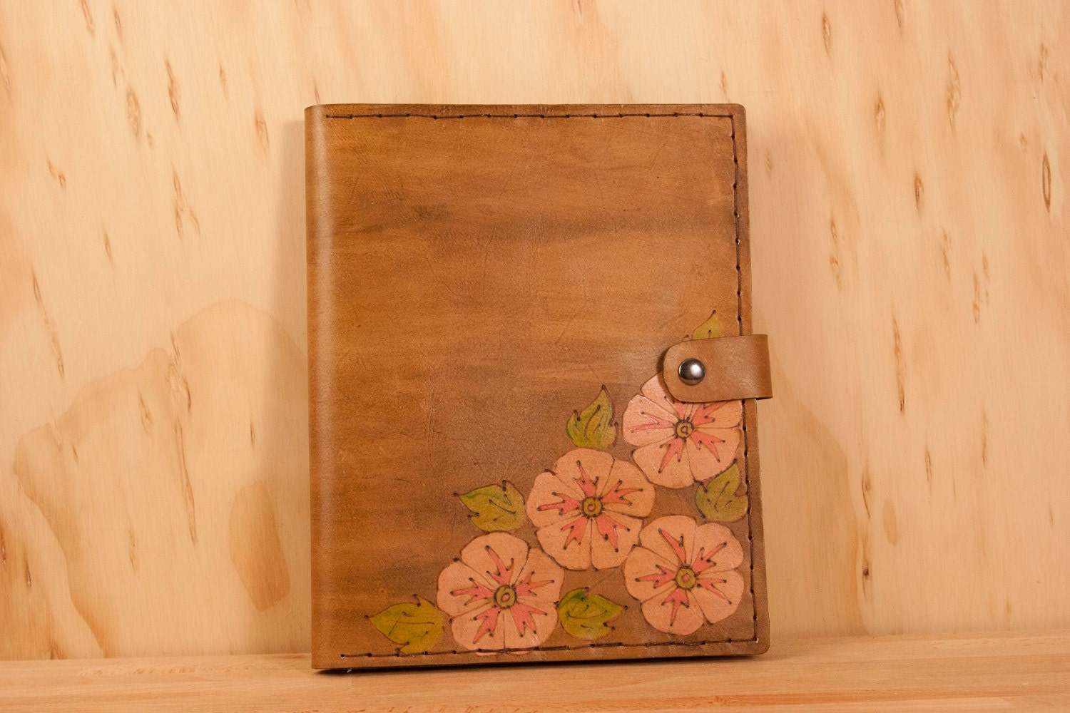 Leather iPad Case - Amy pattern with flowers - Pink, green and antique brown