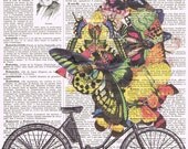 Bicycle, Bike,Butterflies.Collage.Fantasy. Antique Book Pages Print, handmade gift.home decor,vintage,retro.french.dad.fathers day.child