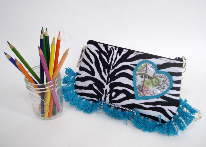 Heart of Texas Wristlet, Map of Austin, Zebra with Turquoise Tassels, Handmade in Austin, Texas