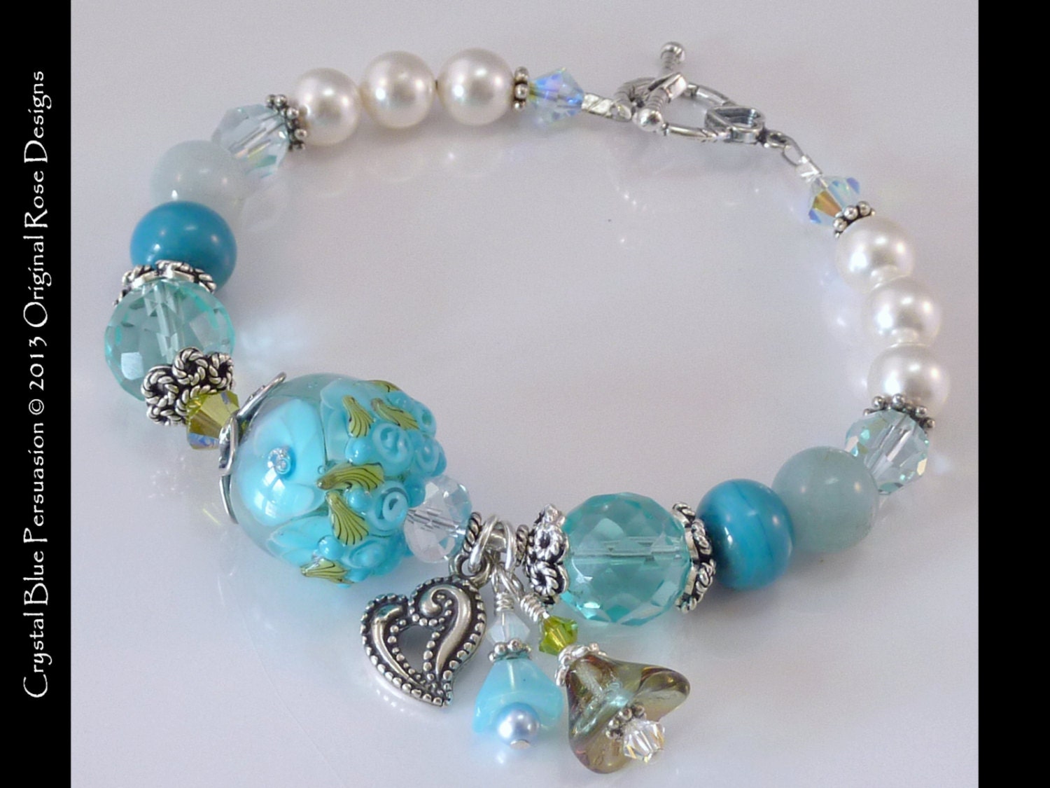 Crystal Blue Persuasion- Artisan elegant blue Bolly style Lampwork sterling silver charm bracelet-Valentines all Year design -SRAJD, BHV