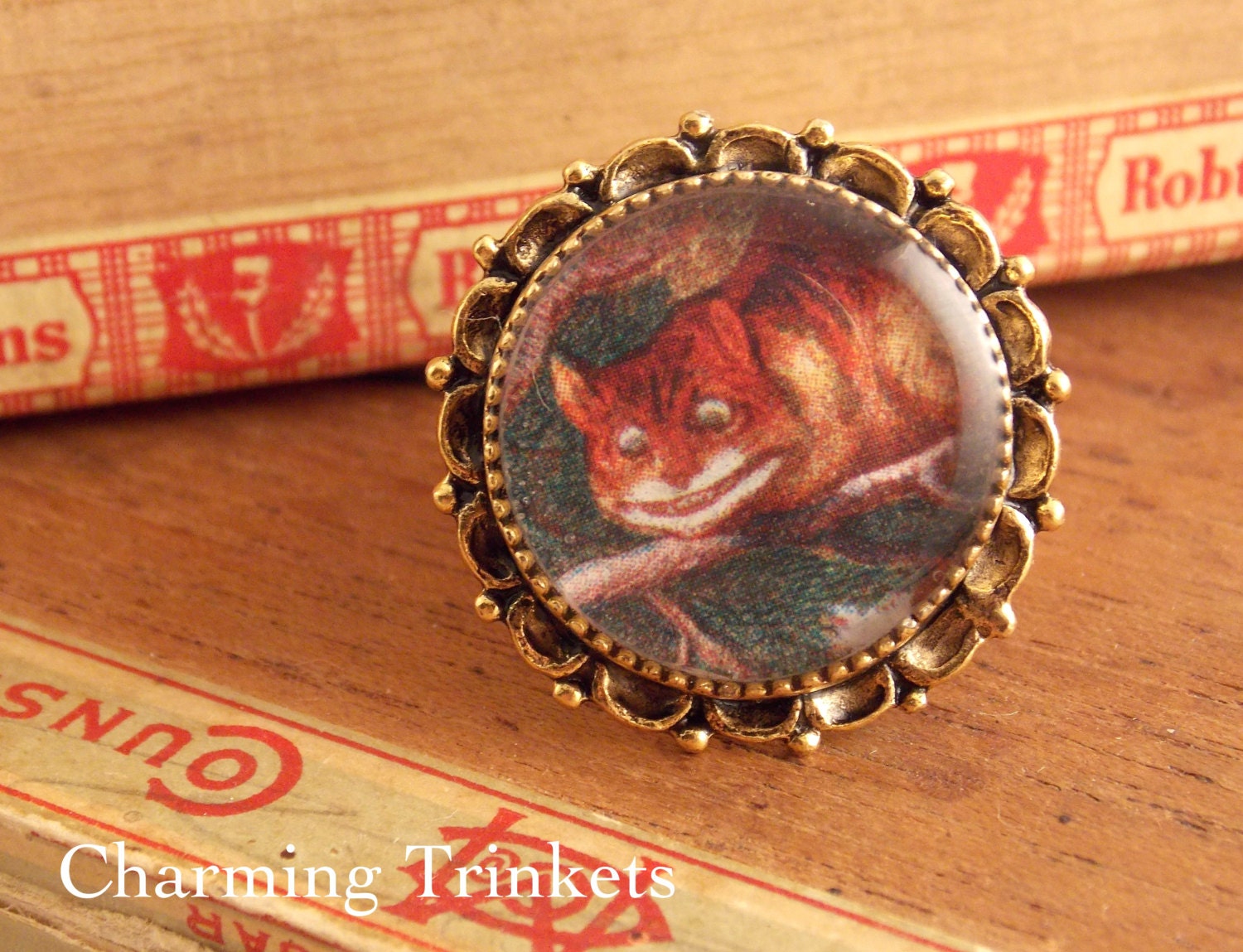Resin Ring withThe Cheshire Cat Adjustable in Brass