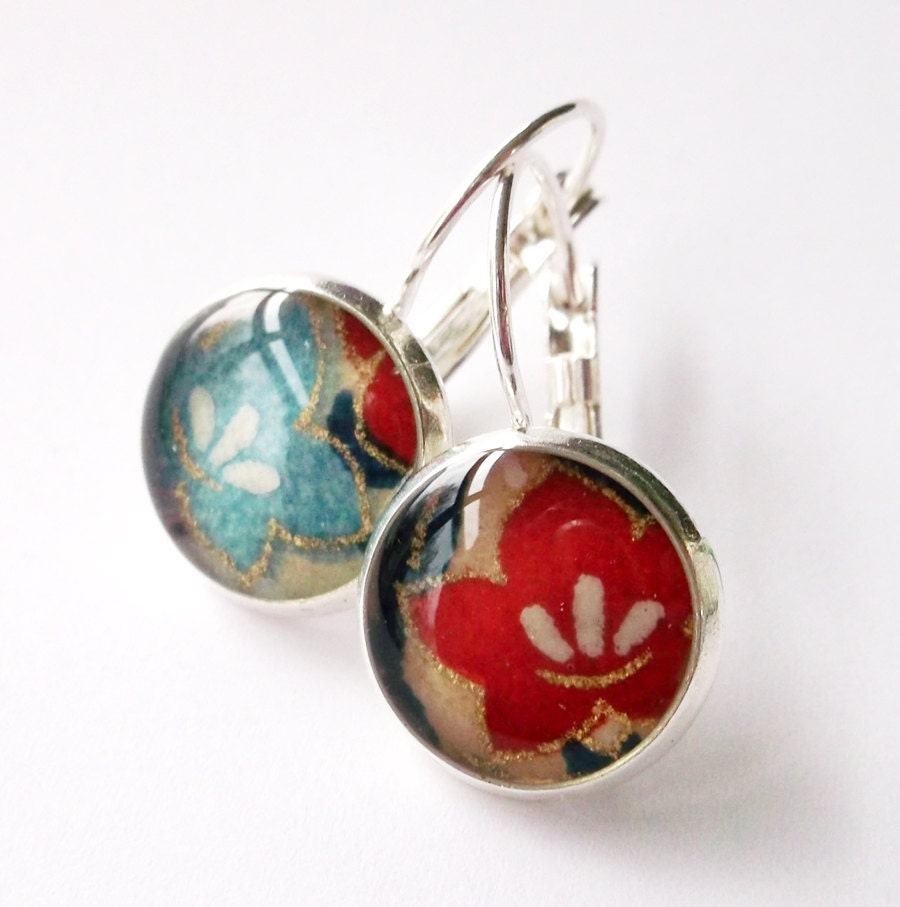 Turquoise and red Japanese Earrings Chiyogami Leverback - Summer Paintbrush