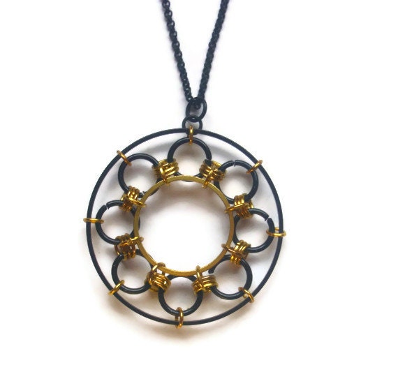 Black and Gold Flower Spirograph Necklace