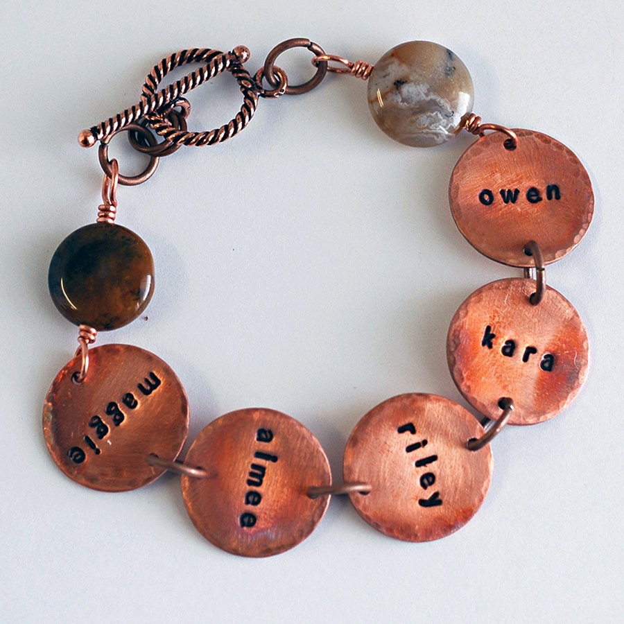 Personalized MOM Bracelet  . Copper . Custom . HandStamped . Rustic BoHo Style . Neutral Earth Tone Stones