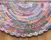 Hand Crocheted Cotton Fabric Half Moon Rag Rug with Scalloped Border / Colorful