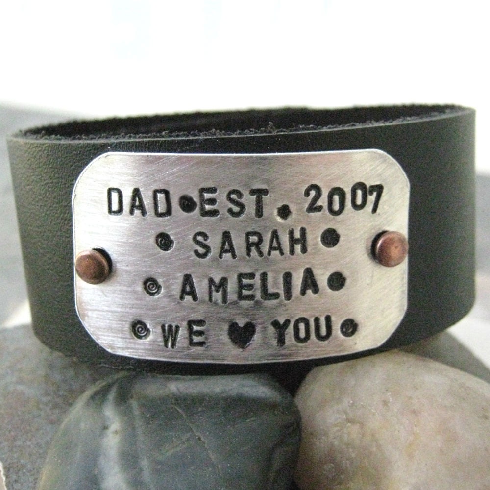 Personalized Fathers Day Bracelet, Dad, We Love You Dad, 1 inch leather cuff, customizable, mens jewelry, MADE TO ORDER