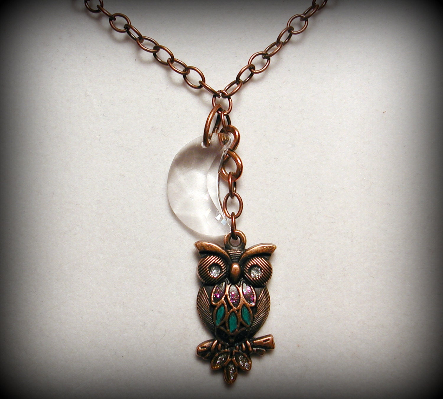 Swarovski Moon Crystal and Enameled Owl Lariat Necklace - NIGHT WATCHER