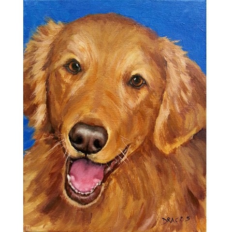 Golden Retriever Dog Art 8x10 Print of Original Painting by Dottie Dracos, Goldie Face on Blue