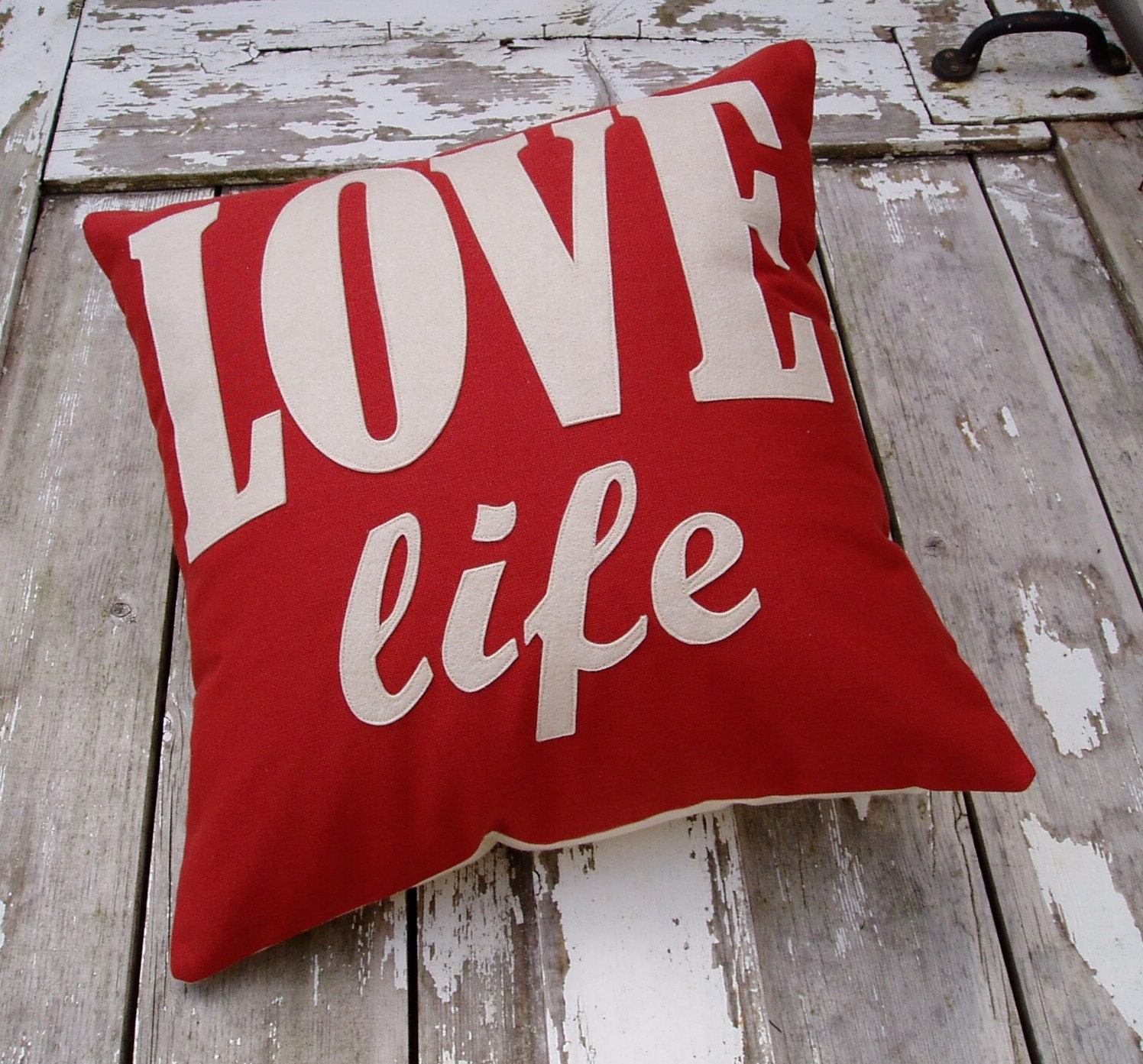 ONE OFF ITEM. Love life Cushion/pillow in rust red linen & wool felt fabric.
