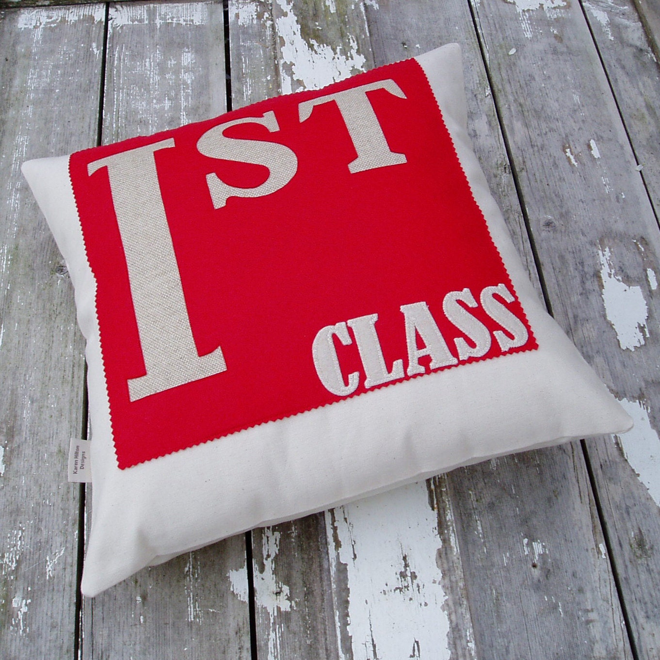 First Class Cushion/pillow in red appliqued wool felt