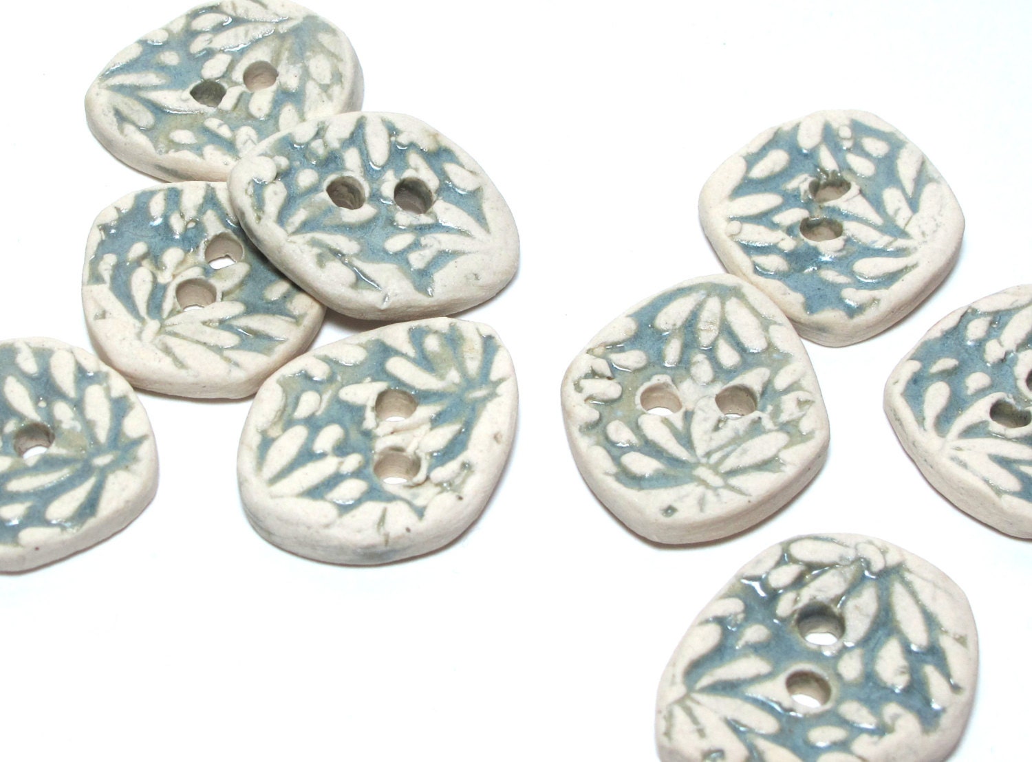 Handmade Ceramic Stoneware Buttons - Embossed Flowers Pale Blue