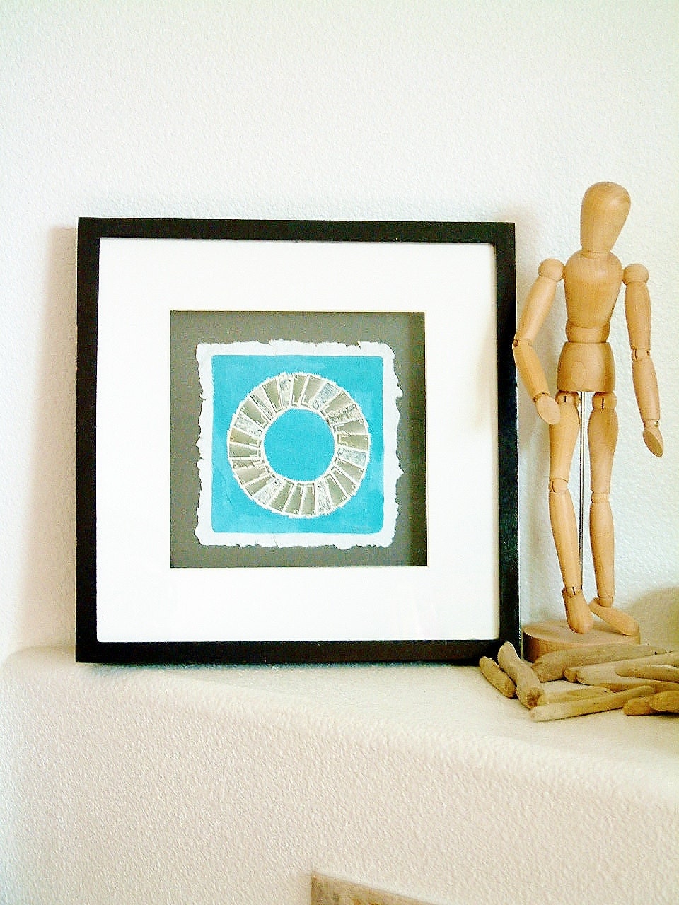 Modern Circle Collage Art for Framing with Gouache on Hand Made Paper in Aqua Blue, Gray and White