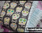 ONE Punk Rock Gray Bonehead Burp Rag or Cloth diaper for your baby girl or boy on aqua blue hand dyed prefold Hemp