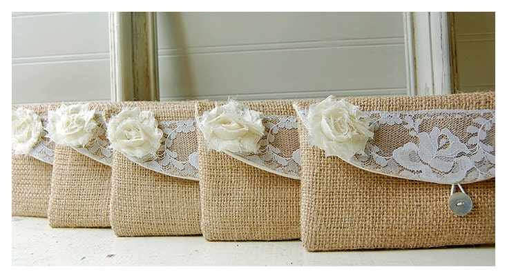 Set of Eight - 8, Personalized Bridesmaid Gift Idea, Bridesmaid Clutch, Lace Wedding Accessory, Clutch Bridesmaid Gift, Burlap Party