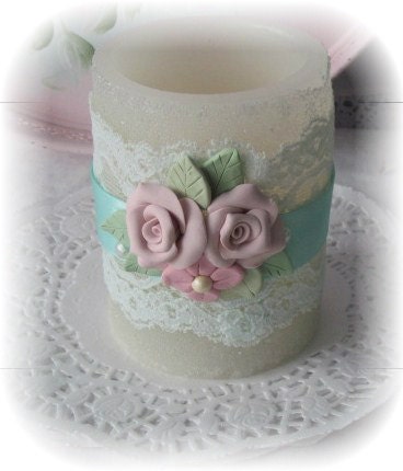 4" White CANDLE Forever/Battery Pink Clay Roses  Aqua Ribbons ECS sct schteam