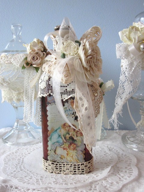 BOTTLE Shabby Chic Cream White Roses Lace Ribbon ECS schteam sct SVFteam