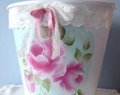 TRASH Bin Can Waste Basket Handpainted Cottage Pink Roses ECS schteam sct SVFTeam