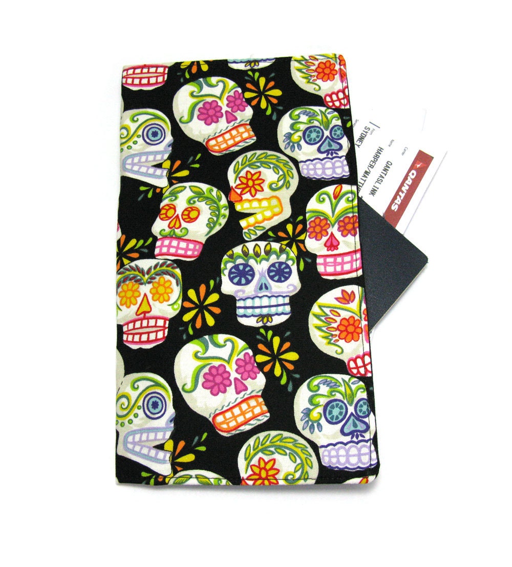 Black Flower Skulls Travel Wallet