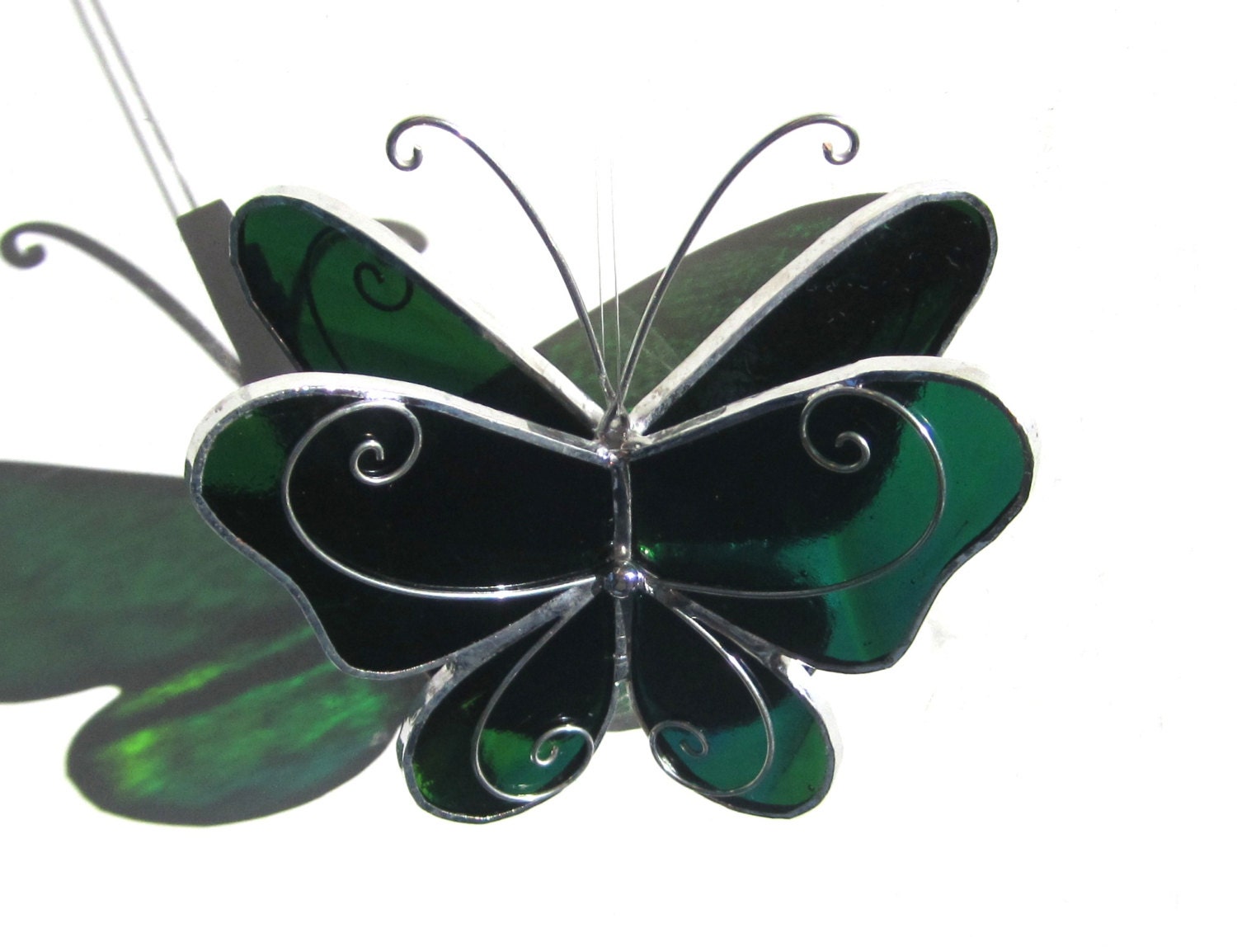 Lucky Wings - Small 3D Stained Glass Butterfly Twirl - Green Home Garden Decor Suncatcher 3Dimensional Yard Art Hanging Insect Ornament