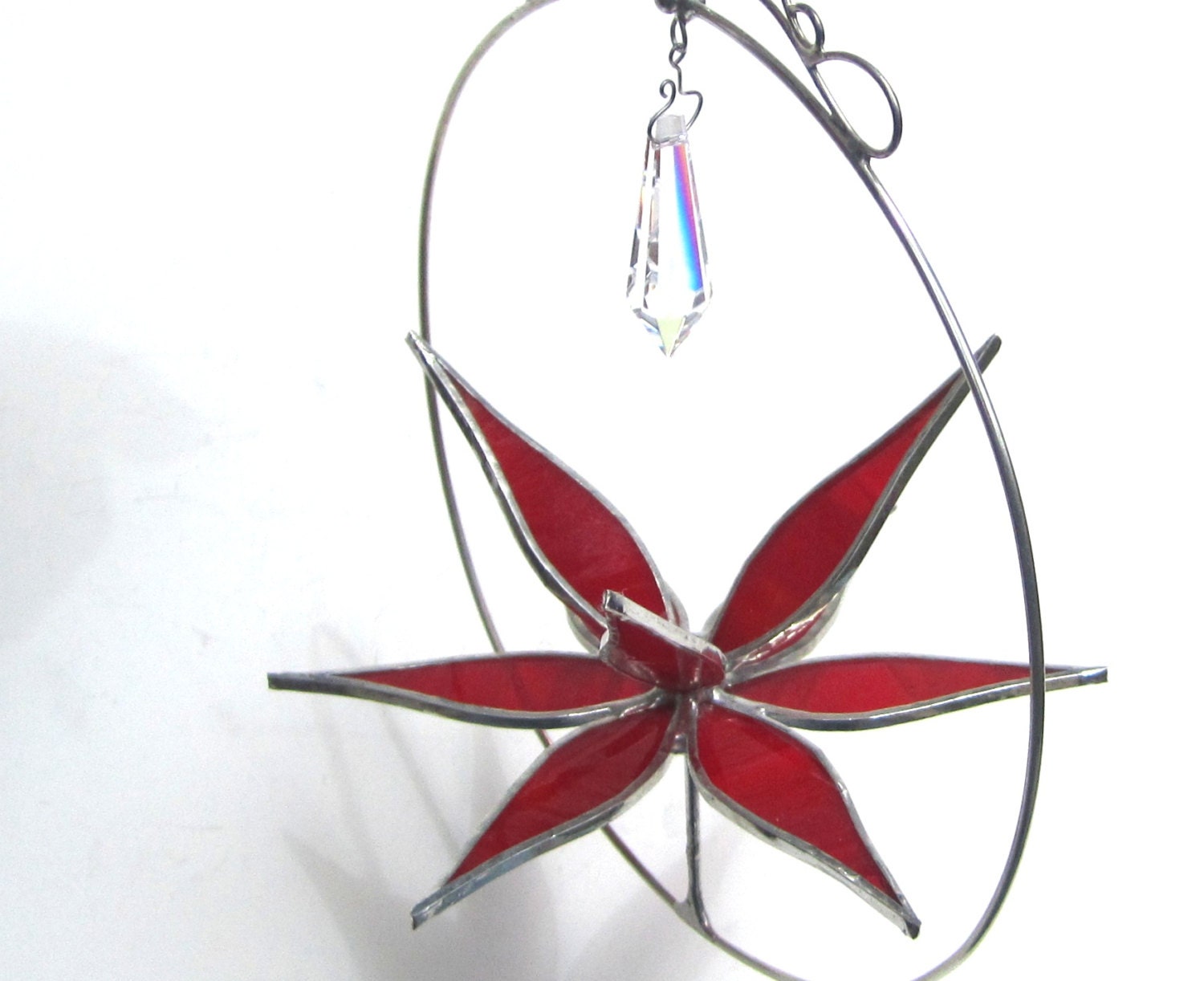 Loved - Medium 3D Stained Glass Lotus Spinner - Red Flower Suncatcher Hanging Ornament Home Decor Round Wire Swarovski Crystal