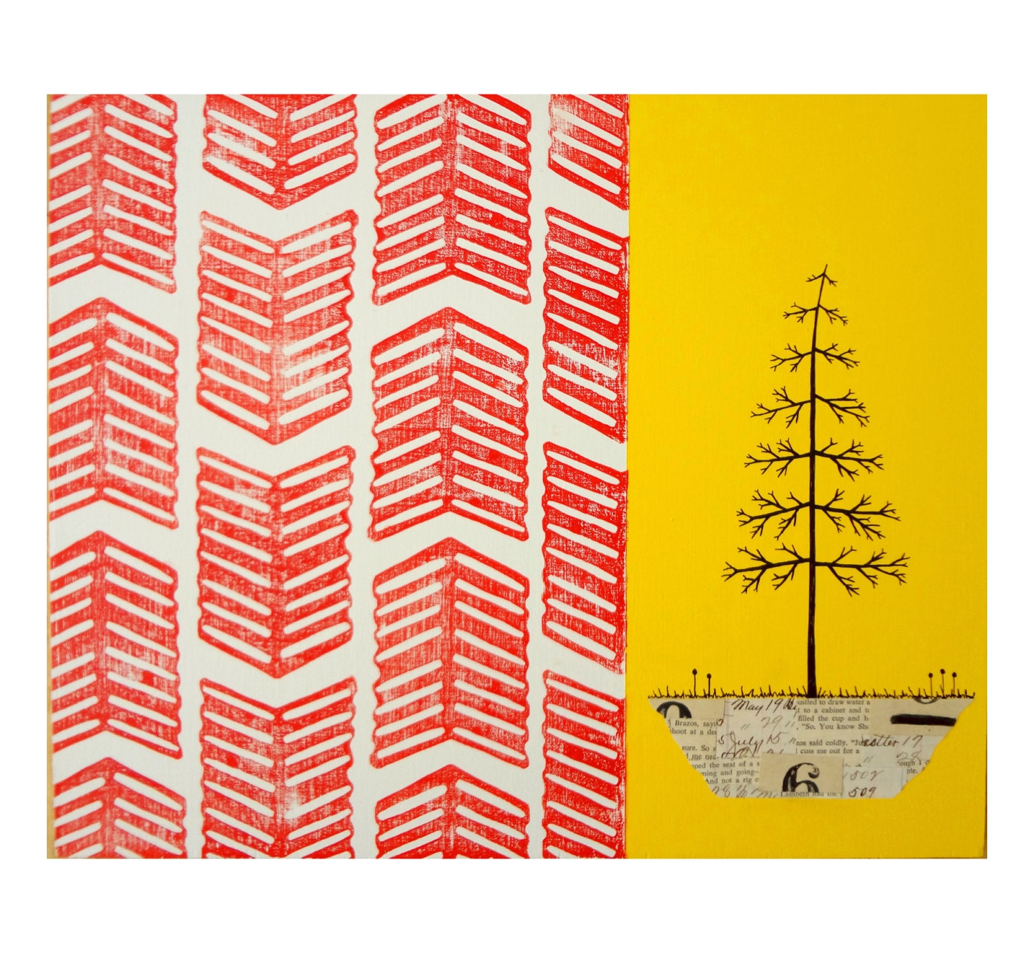 Mixed Media Pine Tree Art on Wood, Block Printed Chevron Pattern, Original Art by Erin Lang Norris.