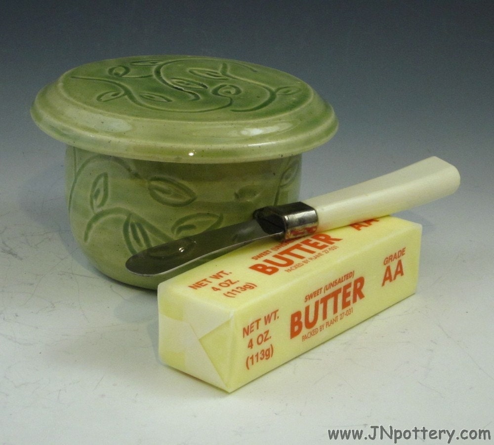 Ceramic Butter Keeper, Stoneware French Style Butter Crock, Celadon with Carved Leaf Design  s229