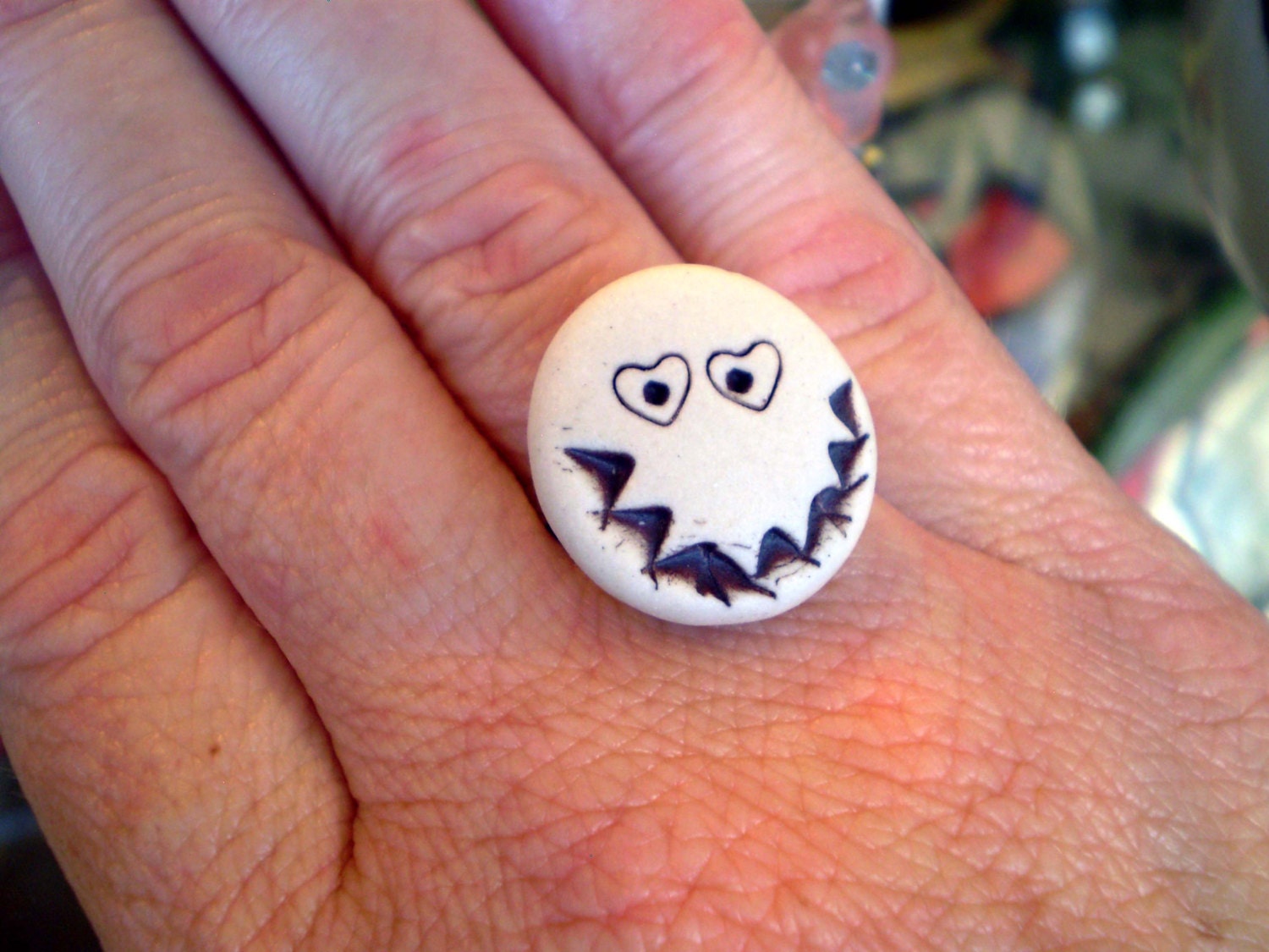 Smiley Face Mood Ring, Porcelain Clay, Adjustable, OOAK Handmade Geekery Gift