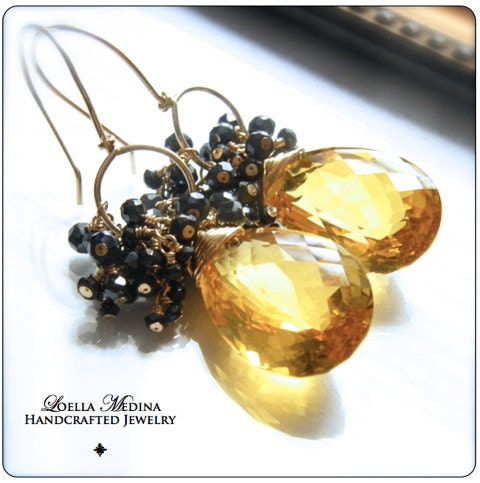Yellow Quartz Black Spinel Gold Filled Earrings