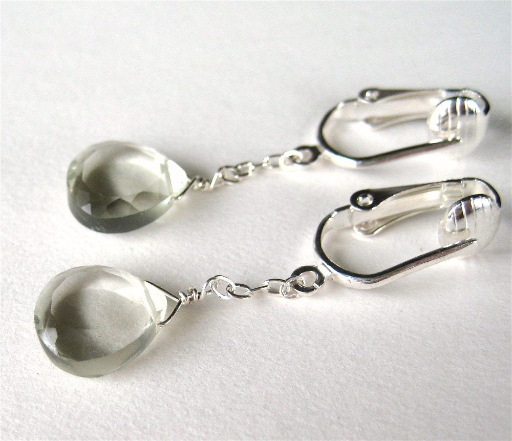 Pale Green Teardrop Clip-on Earrings, Silver Ear Clips, Gray Green Quartz Drop Pendant Earrings, Handmade, Light Green Aerie