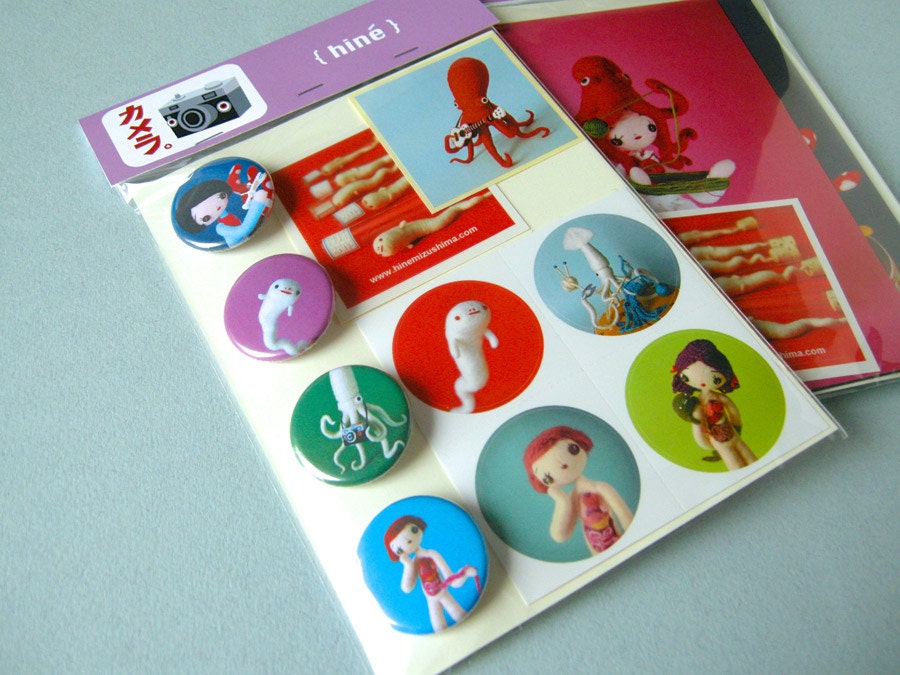 Postcard, buttons & stickers Set B
