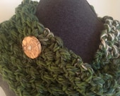 Chunky Knit Infinity Cowl with Large Maple Wood Button - Blend of Greens, White & Tan