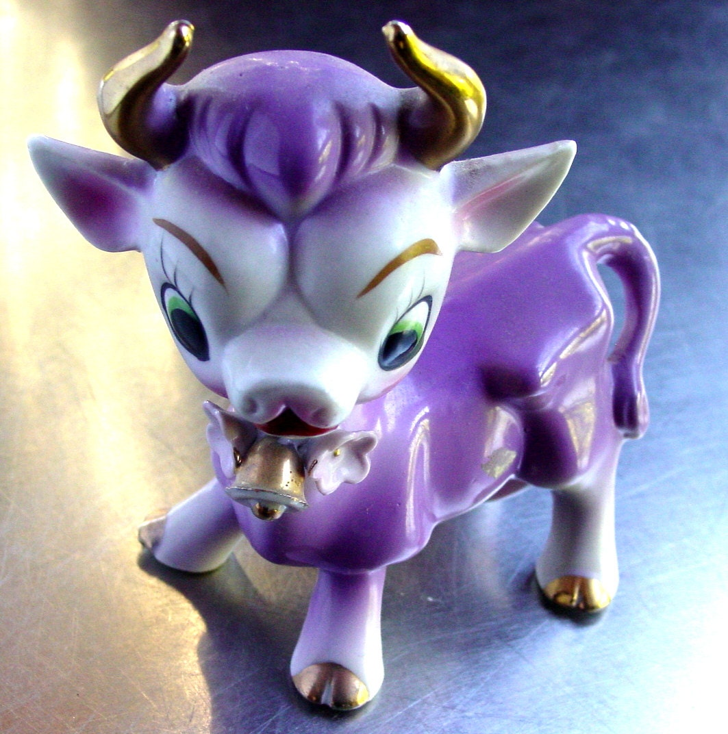 Blue Cow Figurine , Vintage Gold Trimmed Collectible