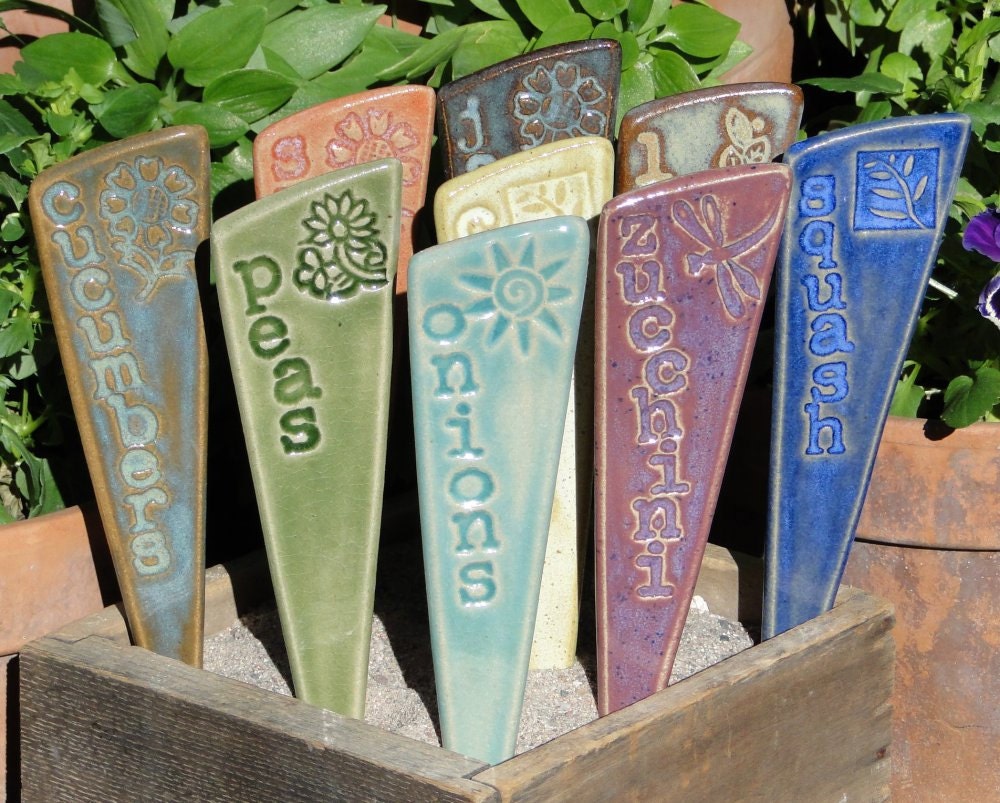 Garden Markers - Vegetable/ Plant Stakes - Veggie - A set of 3 vegetable pottery garden stakes