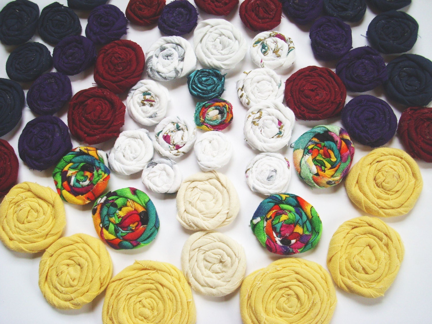 50 Rolled Fabric Flowers - Sewn or Glued - Jewelry, Hair, Scrapbooking/Cards, Embellishments, Ect.