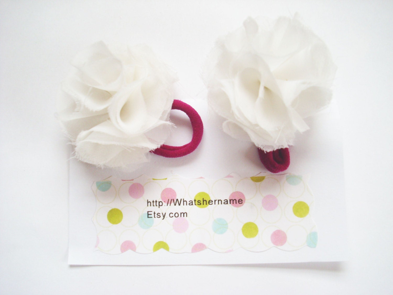 2 -  Pom Pom Fabric Flower White/Pink Ponytails/Pigtails - Spring/Summer, Pool, Dance, Anytime