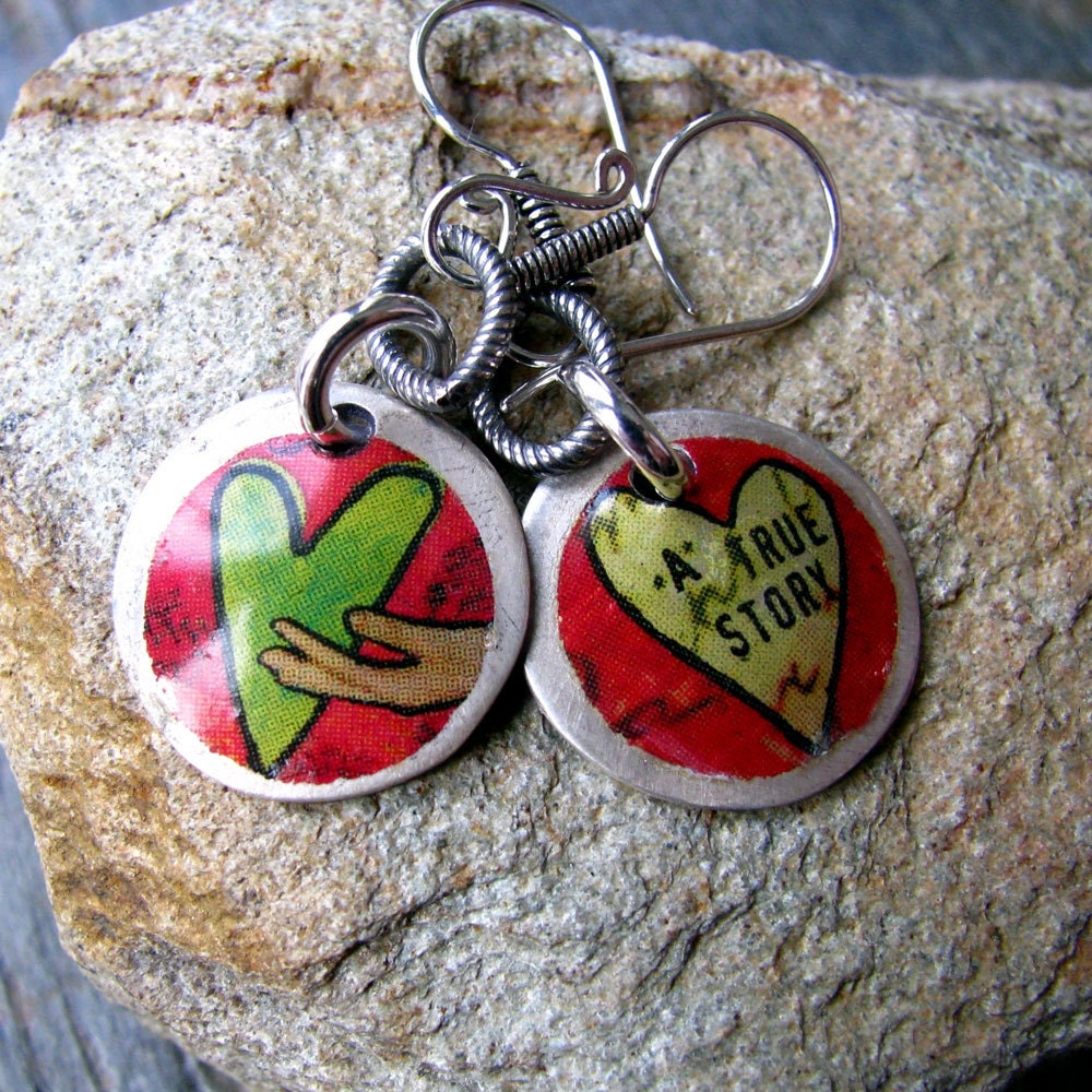 Love Story Heart Photo Transfer Earrings, PMC Fine Silver