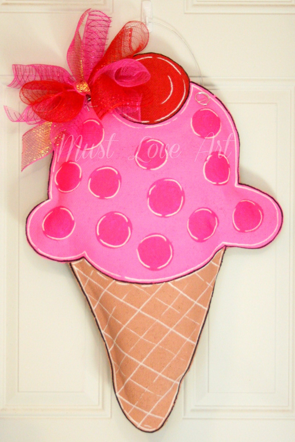 Happy Birthday Party Ice Cream Cone Burlap Door Hanger Decoration Polka Dot Celebration