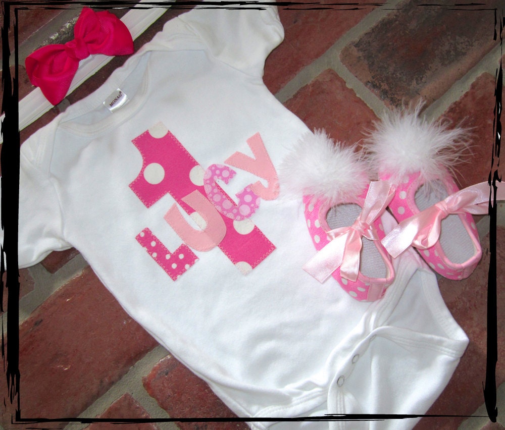 FIRST BIRTHDAY 4 piece Gift Set Baby Dots Onesie, Crib Shoes, Headband & Bow