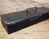 Great old Heavy Duty metal  box for tools etc with handle and latch Industrial Primitive Documents or Tools