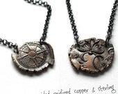 Rustic Copper Compass and Starburst Tendril 2 Sided Pendant on Oxidized Sterling Silver Chain - Ready to Ship
