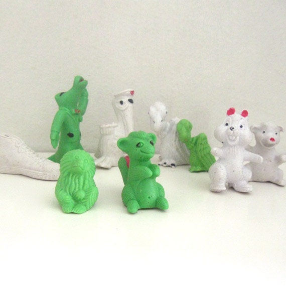 9 Vintage Miniature Diener Rubber Eraser - Green White Toy Figures