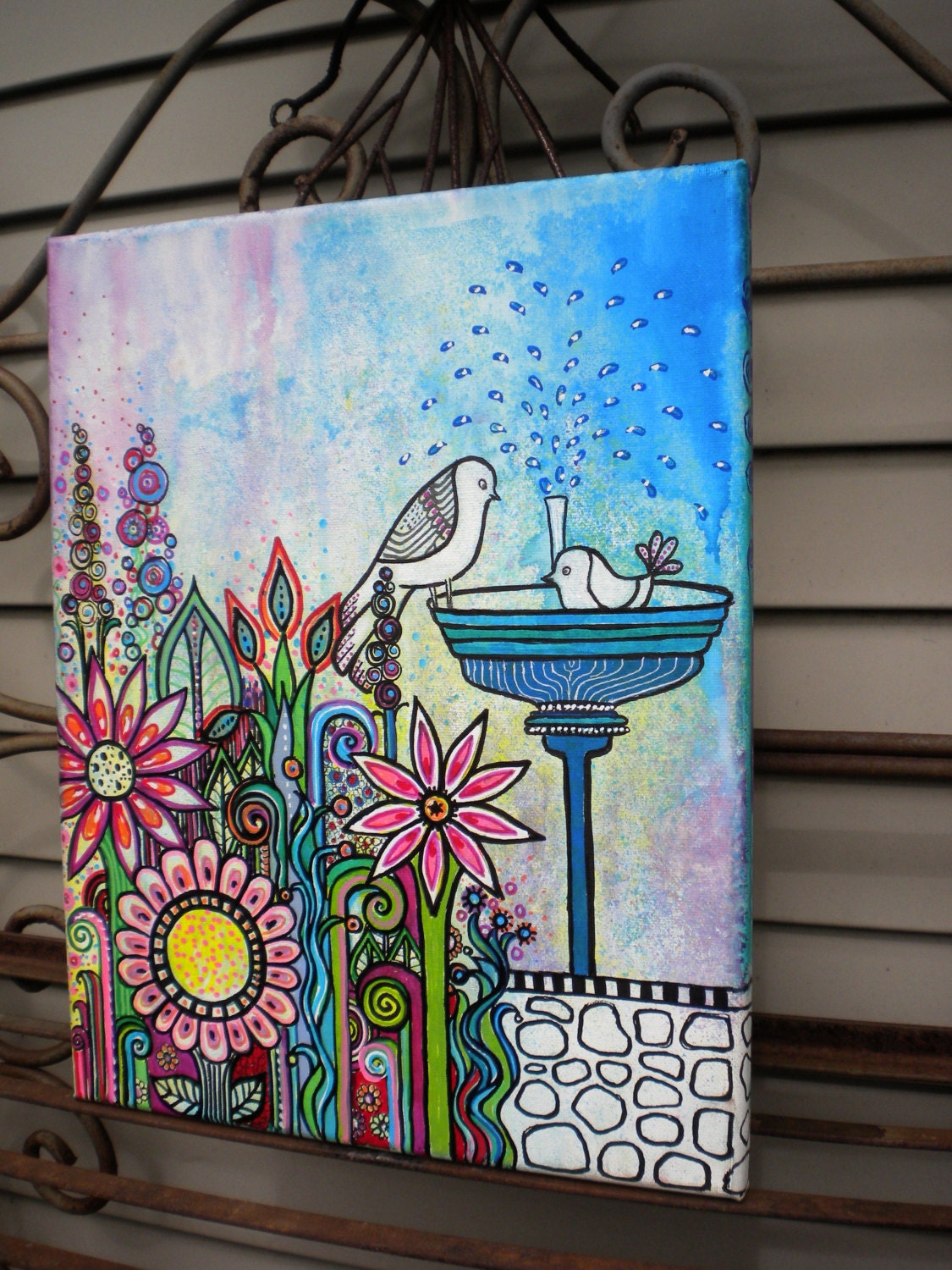 Bird Bath 9 x 14 inch  abstract mixed media painting colorful flowers painting  floral drawing garden birds paintingwings
