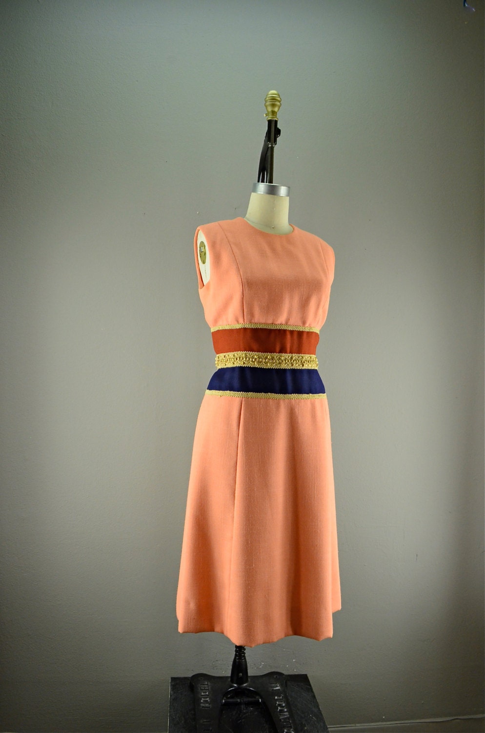 1960s linen sheath dress Vintage  color block dress  60s shift Size medium linen sundress peach rust navy