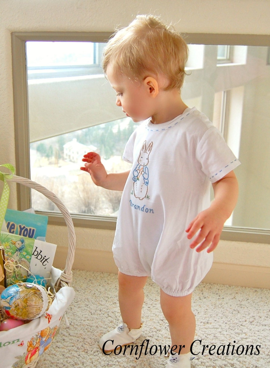 Peter Rabbit - Hand Embroidered Vintage Style Linen Romper (Made to Order Any Size)