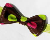 Brown Bowtie with Large Polka Dots Green and Pink