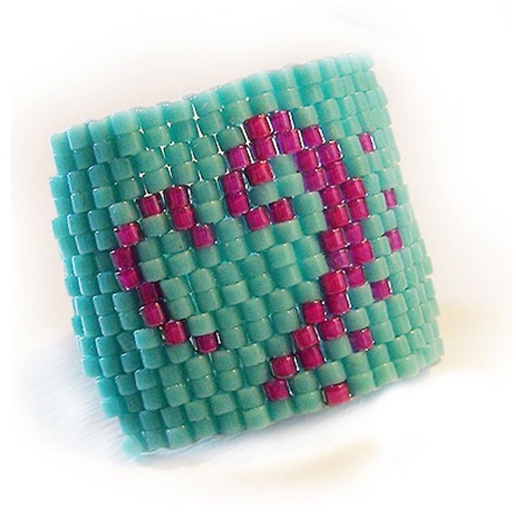 Love in Fuchsia  - Blue and Purple Glass Delica Peyote Beaded Ring