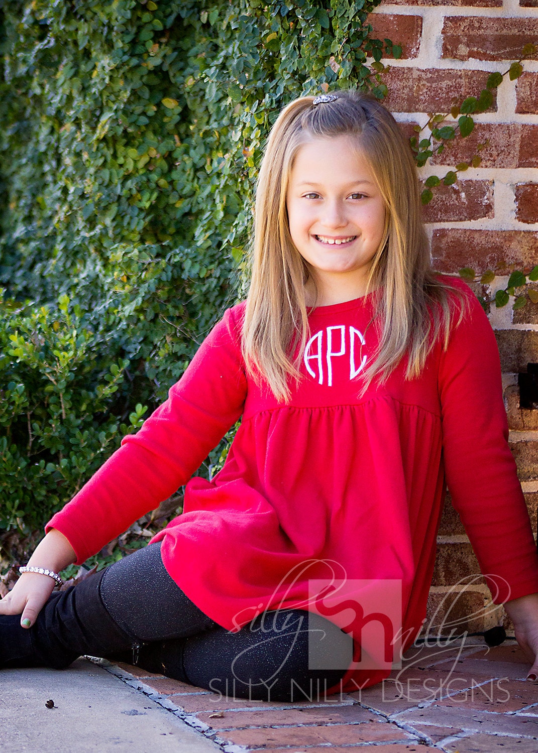 Size 2, 4, 6, 8 Red Monogram Dress, Shirt, or Pajamas // Girls long sleeve cotton empire waist dress with monogram by Silly Nilly