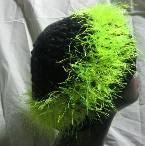 Handmade Crochet Slouchy Hat-Black with Neon Yellow Fun Fur
