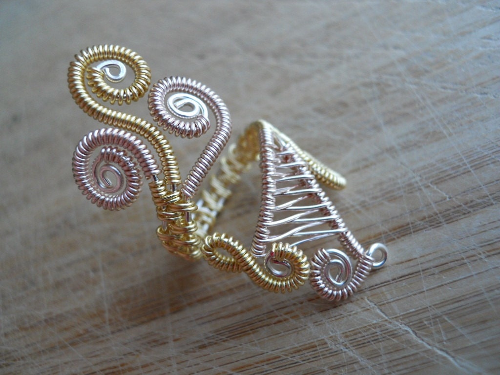 Silver Light Rose Gold Wire Ring Parawire Wrapped Adjustable Size 6 to 7 Waterfall Ring
